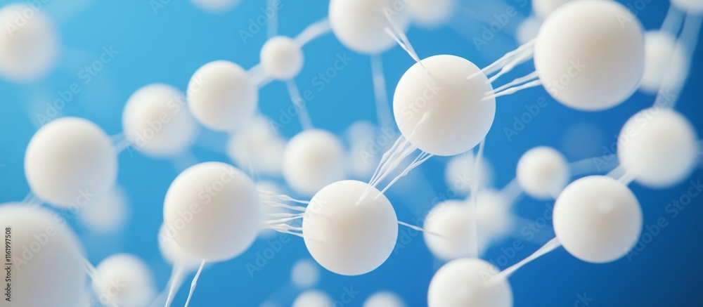 Poster abstract network of white spheres connected by thin lines against a blue background.