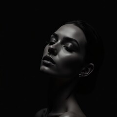 Fototapeta premium Mysterious portrait of beautiful young woman, in minimalist style on black background. Fashion photography.