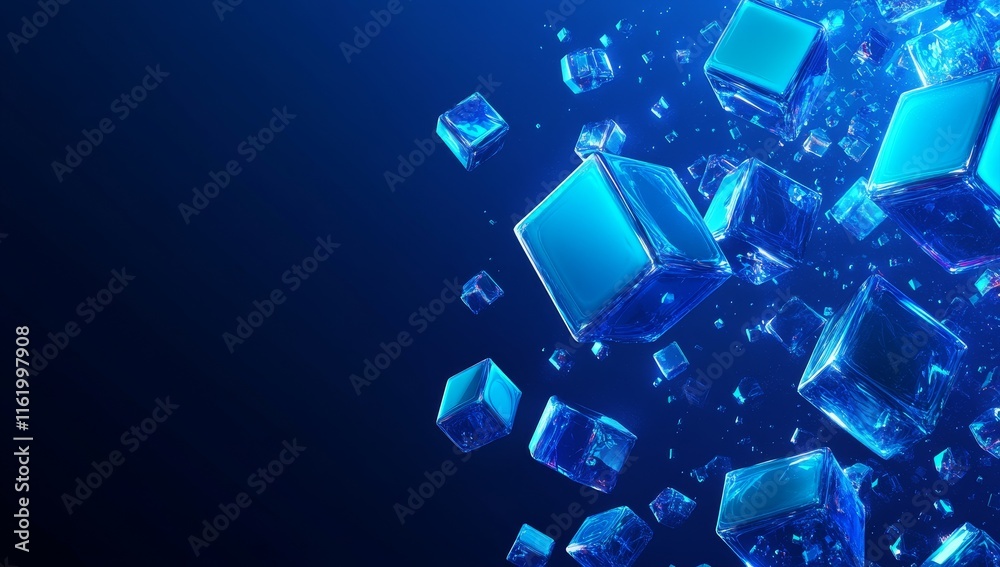 Poster abstract blue glowing cubes floating in dark space.