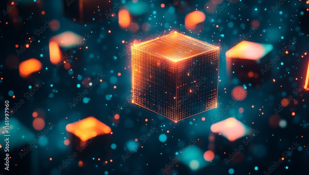 Poster glowing orange cube in digital space.