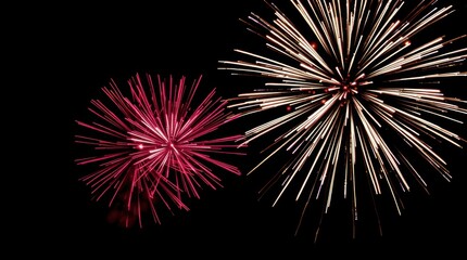 Red and white fireworks bursting against black night sky