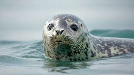 Fototapeta premium A harbor seal swimming near the coast, its head just above the water.