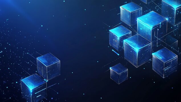 Abstract blue glowing cubes representing digital data flow and blockchain technology.