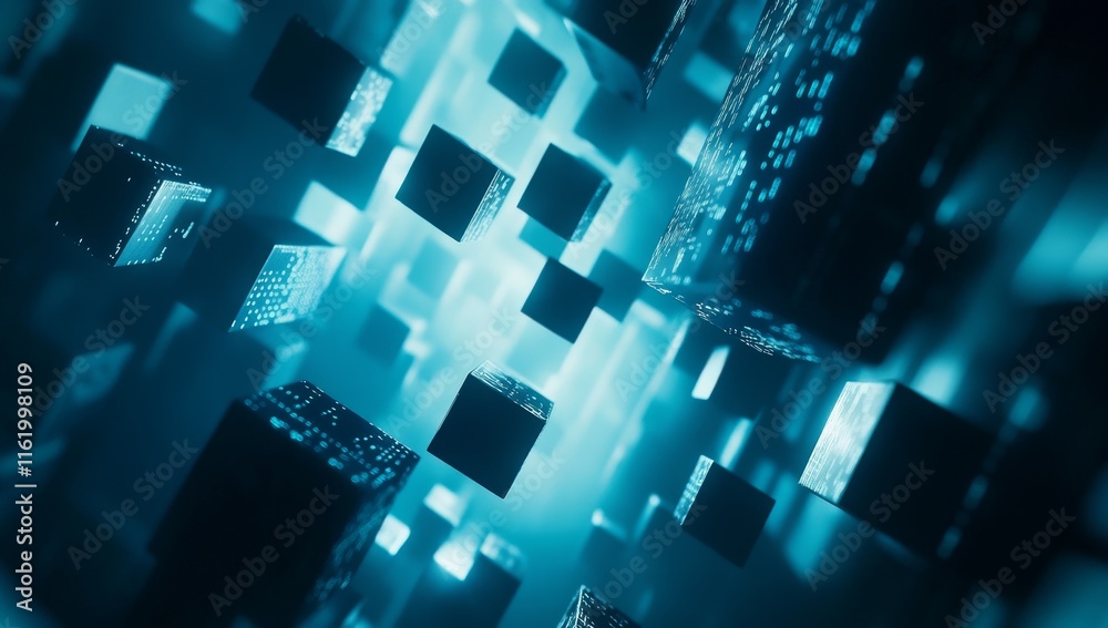 Poster abstract digital cubes floating in blue space.