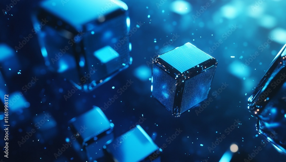 Poster abstract blue glowing cubes floating in dark space. (1)