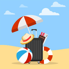 Tourist suitcase, suitcase with traveler's things against the background of sky and sand. Beach holiday concept. Vector, cartoon illustration. Vector.