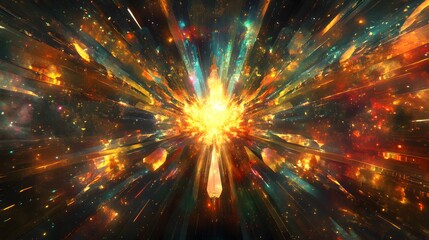 Fototapeta premium A glowing burst of energy in the middle with rays of light and color shooting outward in every direction