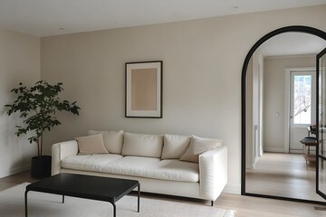Minimalist living room interior with beige sofa, coffee table, plant, and arched doorway.