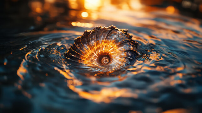 A macro photograph of a vibrant nautilus shell spiral, intricate textures and golden-orange tones illuminated by soft natural light, sharp focus with shallow depth of field