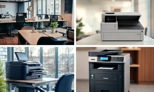 A modern office space featuring printers and a workspace environment.