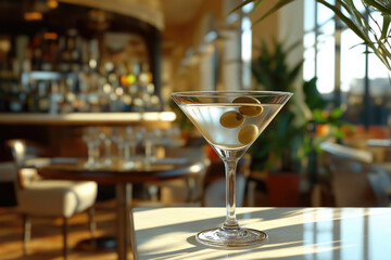 Elegant martini served with olives at a sunlit cafe table