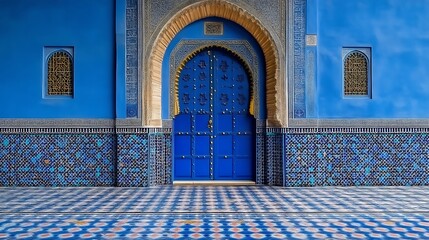Blue Moroccan Architecture Featuring Intricate Doorway