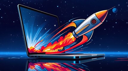 Accelerate your digital success with innovative technology and creative solutions, showcasing a rocket launching from a laptop, symbolizing speed, growth, and limitless potential in the tech-driven wo