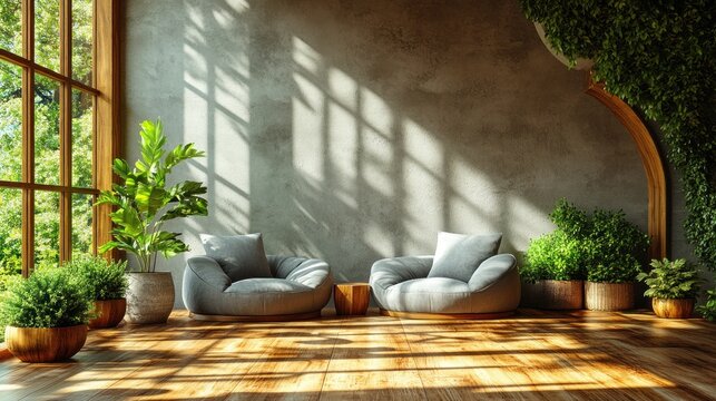 Sunlit living room with comfy armchairs, plants, and wooden floor.