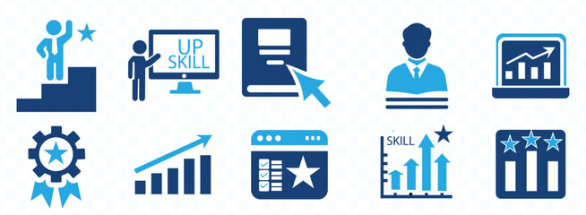 UP  skills icon set. Containing degree certificates, foreign language, software, computer skill and more. Solid vector symbol collection.