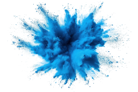 a vibrant blue powder explosion against a transparent background. creating a dramatic and colorful cloud of particles