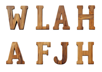 wooden letters of the alphabet w. l. a. h. a. f. j. h on a transparent background