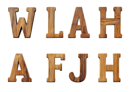 wooden letters of the alphabet w. l. a. h. a. f. j. h on a transparent background