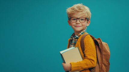Portrait of a smart blond schoolboy in glasses 9 years old with textbooks in his hands and a school bag on his shoulders looking at the camera with a smile, studio blue background, copyspace