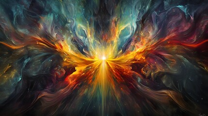 A central burst of energy glowing brightly with rays of color streaming out in all directions