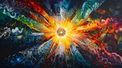A burst of energy at the core with radiating light and colorful rays shooting outward creating a sense of power