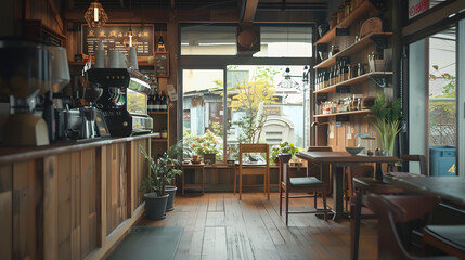 Small modern cafe in the village Japanese