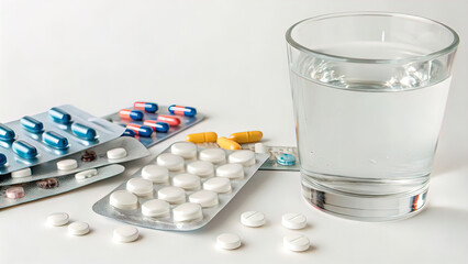 medical pills lie next to a glass of clean water isolated on white,