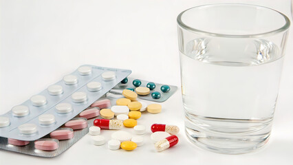 medical pills lie next to a glass of clean water isolated on white,