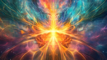 A glowing explosion of light and energy at the center with beams of color radiating outward in all directions