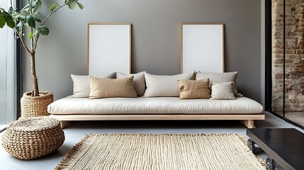Minimalist living room with a low platform bed, neutral tones, natural textures, and plants.