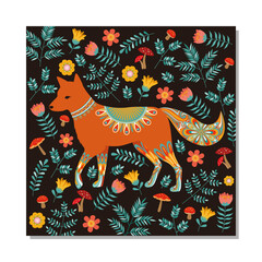 Ornate fox design with floral and mushroom elements. Perfect for nature themed designs, childrens books, and whimsical illustrations.