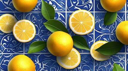 Lemons and Leaves on a Blue Tile Background
