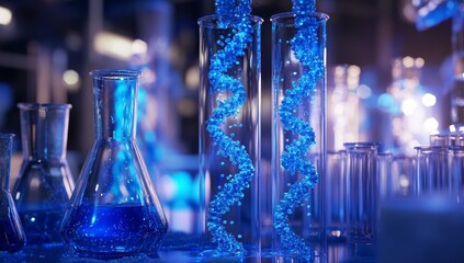 DNA strands in test tubes, lab glassware with blue liquid.