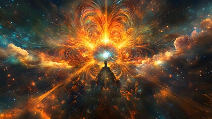 A powerful energy burst at the center with rays of colorful light expanding outward in vivid patterns