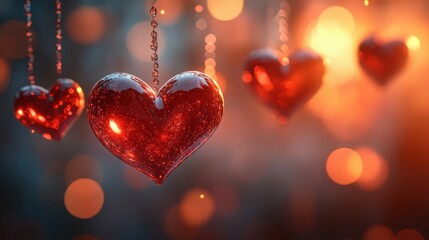 Obraz premium A romantic scene featuring numerous red hearts suspended by chain, illuminated by glowing lights, creating a festive atmosphere perfect for Valentine's Day 