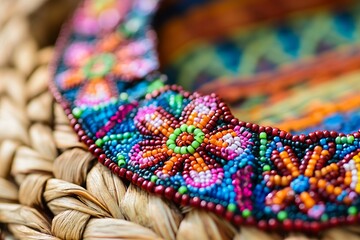 Vibrant Beaded Necklace on Wicker with Intricate Mexican Design. AI generated illustration