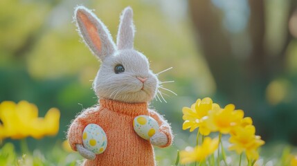 Fototapeta premium Handmade easter bunny toy with orange sweater surrounded by easter eggs and yellow flowers in nature – whimsical puppet animation style for holiday card designs