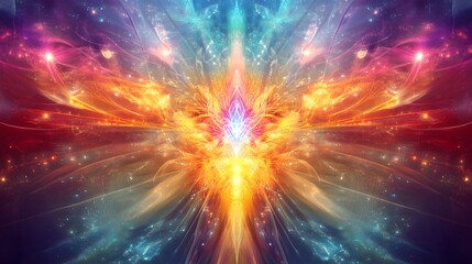 Fototapeta premium A central glowing burst of energy radiating outward with colorful beams of light extending in every direction