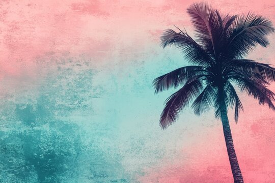 Silhouetted palm tree against a textured, pink and teal sky.