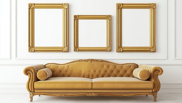 Elegant gold sofa and ornate frames on white wall.