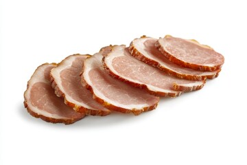 Sliced smoked pork loin on white background.