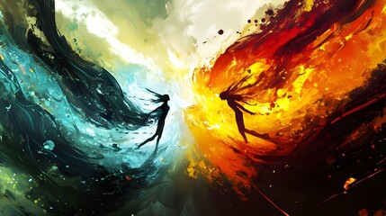 A dynamic collision of bright colors coming together in the middle creating a dramatic visual impact