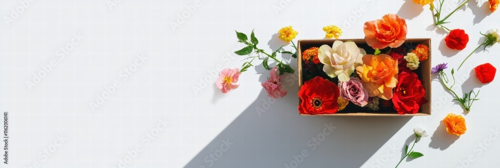 Poster vibrant fresh flowers in a cardboard delivery box create a cheerful display on a light background, p