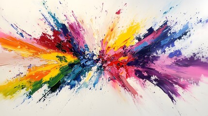 A splash of colors colliding at the center creating a beautiful fusion of paint on a white canvas
