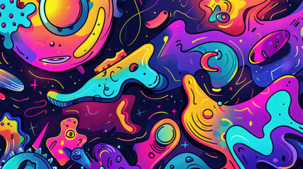 Obraz premium Dynamic doodle banner visuals, vibrant colors, appealing for digital audiences