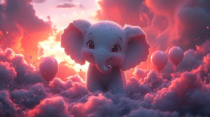 Naklejka premium Cute baby elephant in clouds at sunset with balloons.