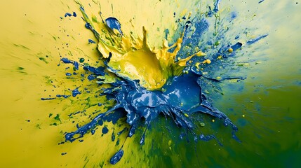 A vivid collision of yellow and blue splashes in the center of the canvas merging into a green hue