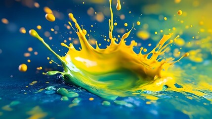 A vivid collision of yellow and blue splashes in the center of the canvas merging into a green hue