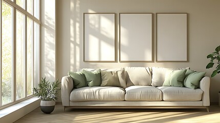 Fototapeta premium Sunlit living room with beige sofa, three blank frames, and plants.