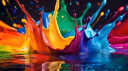 A powerful splash of paint coming together at the center of the canvas with intricate patterns of color